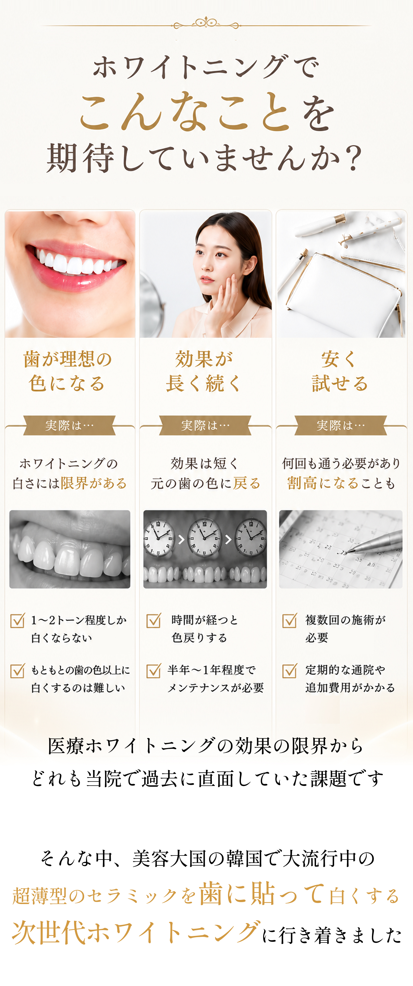 歯を白くする方法、ホワイトニングへの期待と課題、新しいホワイトニング施術の説明