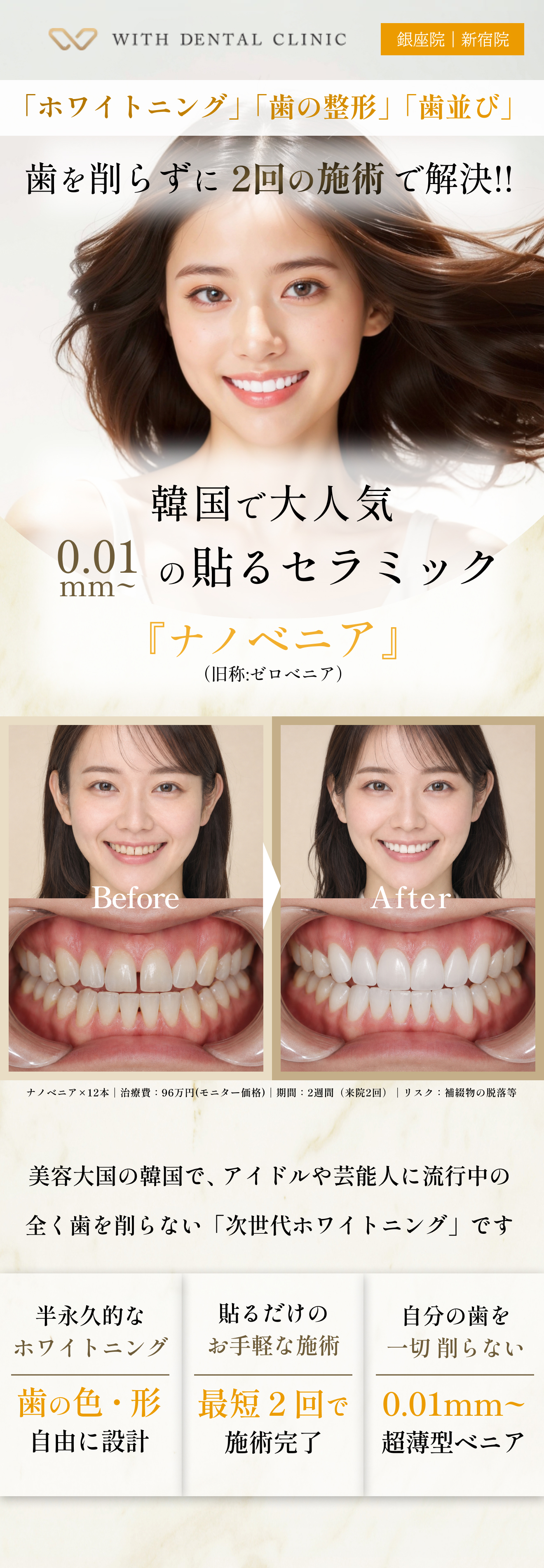 国内初導入の削らない超薄型ナノベニアと短期間治療をアピールする女性の笑顔と治療イメージビジュアル