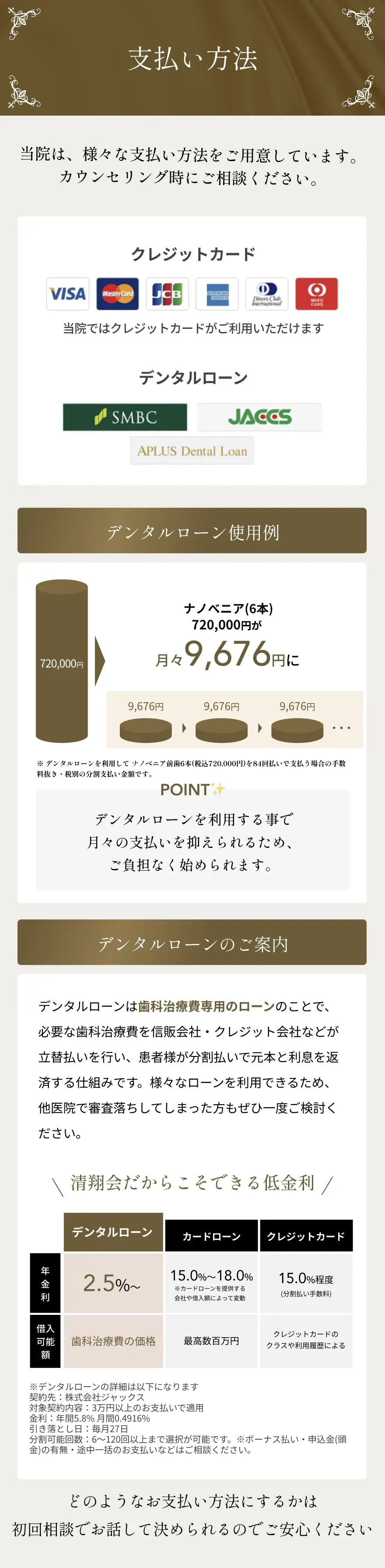 お支払い方法やデンタルローンを紹介するセクション