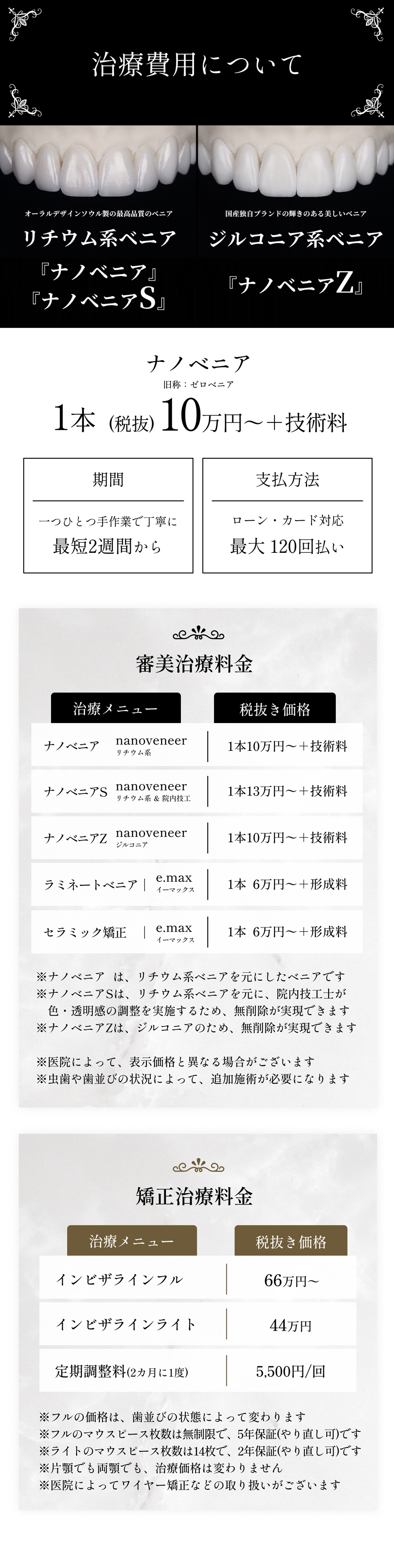 ゼロベニアをはじめとする審美治療・矯正治療の費用と期間を紹介する料金表ビジュアル