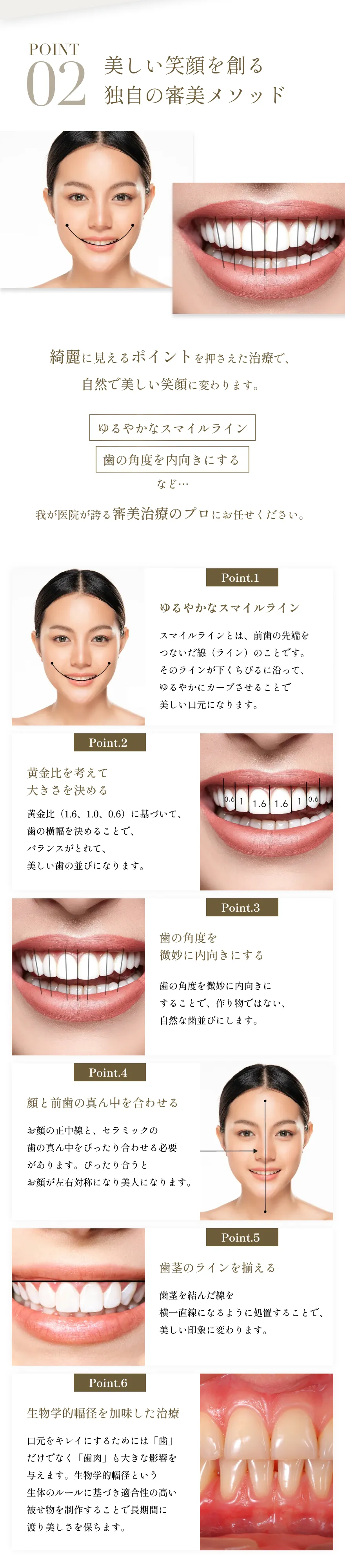 自然で美しい笑顔を作るために、スマイルラインや歯の角度、歯列のラインを整える審美治療のポイントを紹介するビジュアル