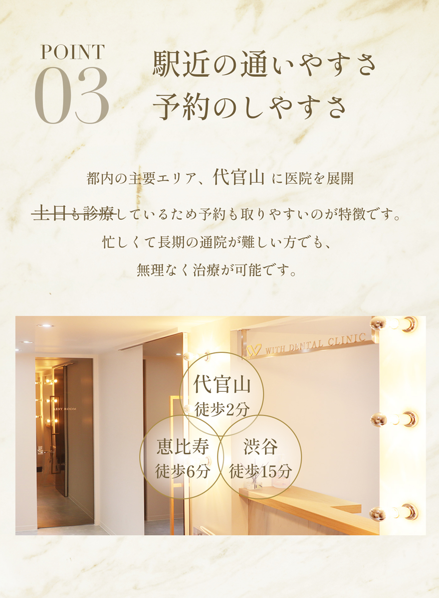 代官山、新宿、銀座駅に近く、土日診療もしていることを伝えるセクション