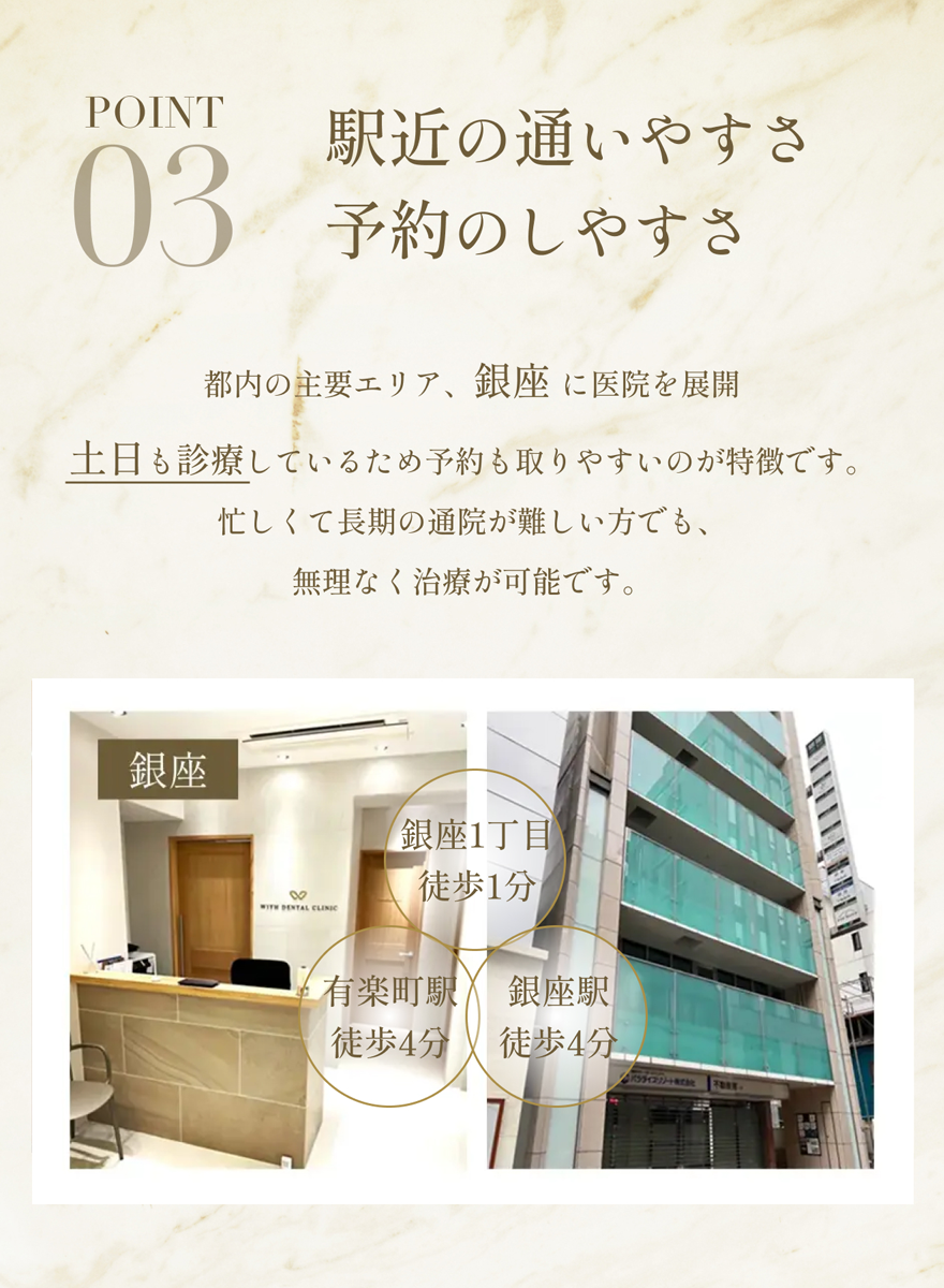 代官山、新宿、銀座駅に近く、土日診療もしていることを伝えるセクション