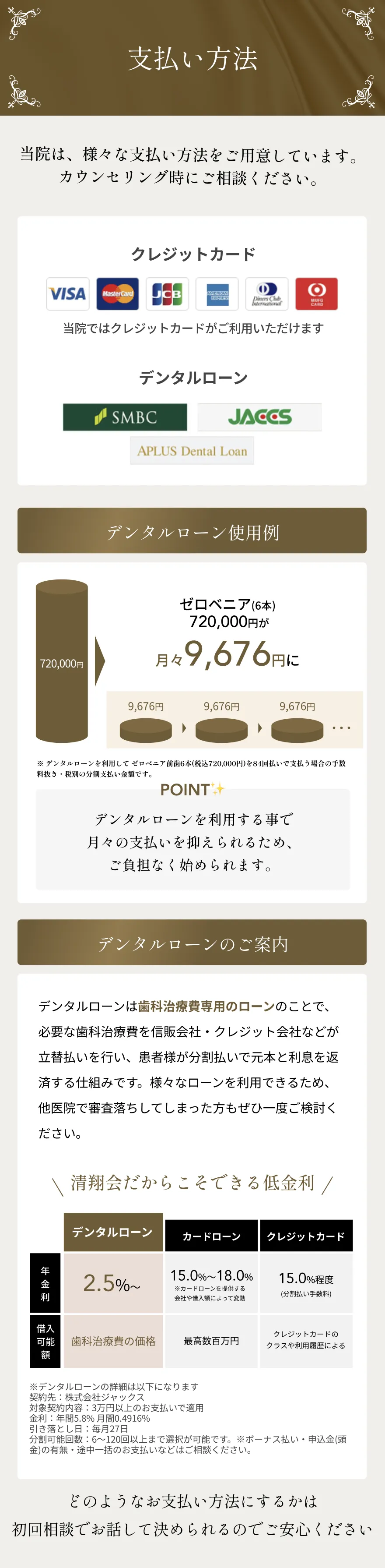 お支払い方法やデンタルローンを紹介するセクション